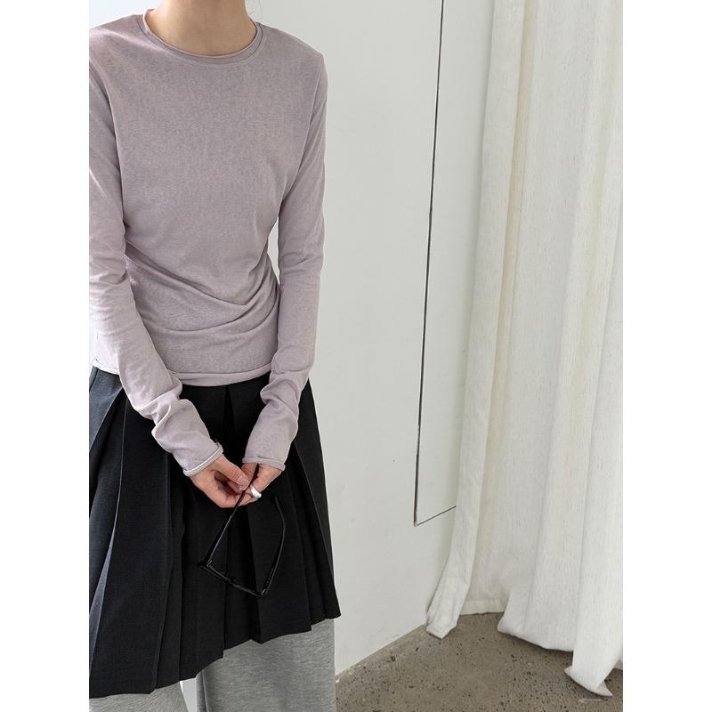 Luxi Korean Style Versatile Rolled Edge Round Neck Bottoming Shirt for Women Autumn New Long-sleeved Inner Slim Fit Top