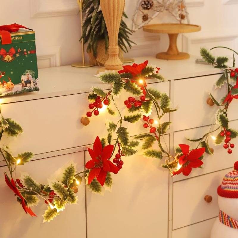 2M Artificial Christmas Garland Leaf String Lights Red Berries Ivy Vine Rattan Wreath Lighting Strings For Xmas Tree Party Decor