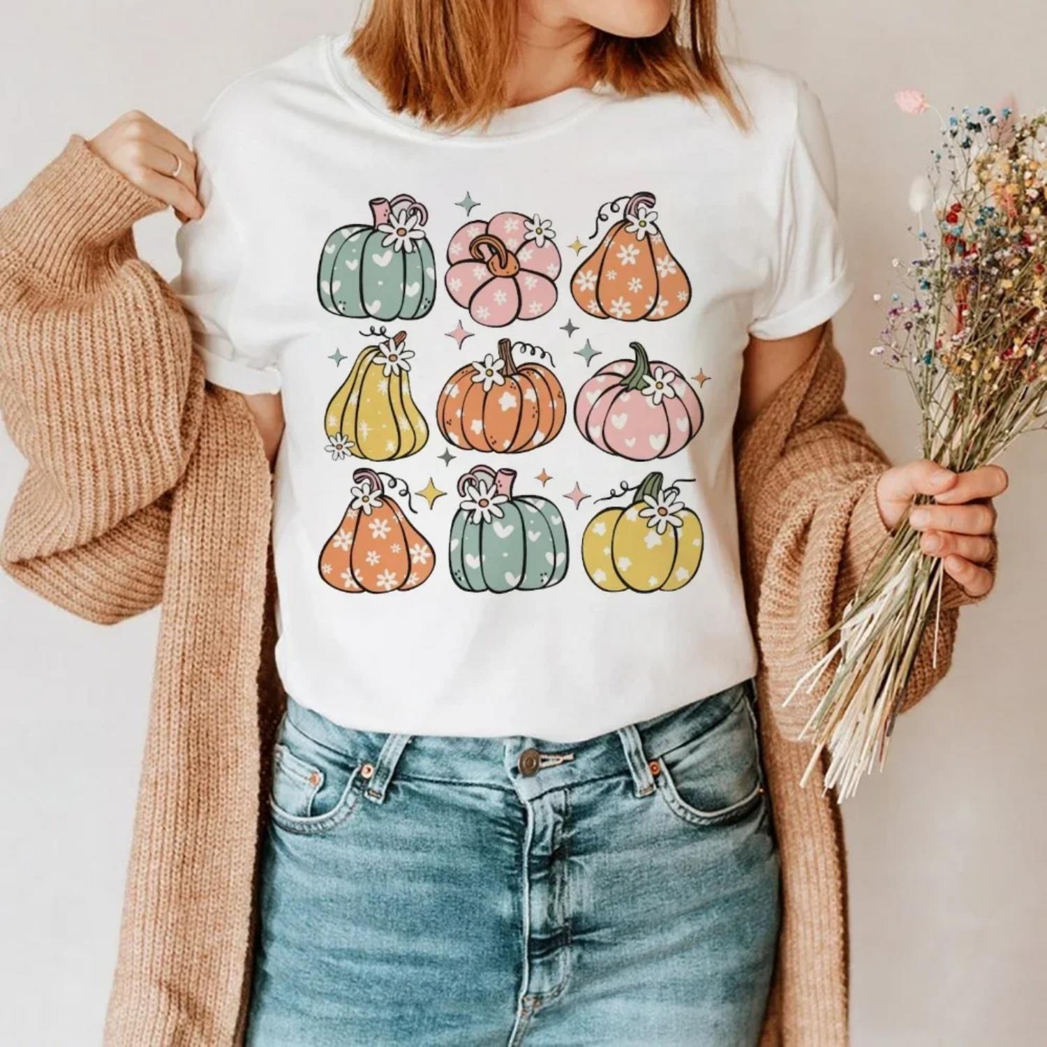 Watercolor Pumpkin Printed Harajuku 90s Women s T-Shirt Casual Cartoon Pattern Women s Printed Top Cartoon Fashion T-Shirt S