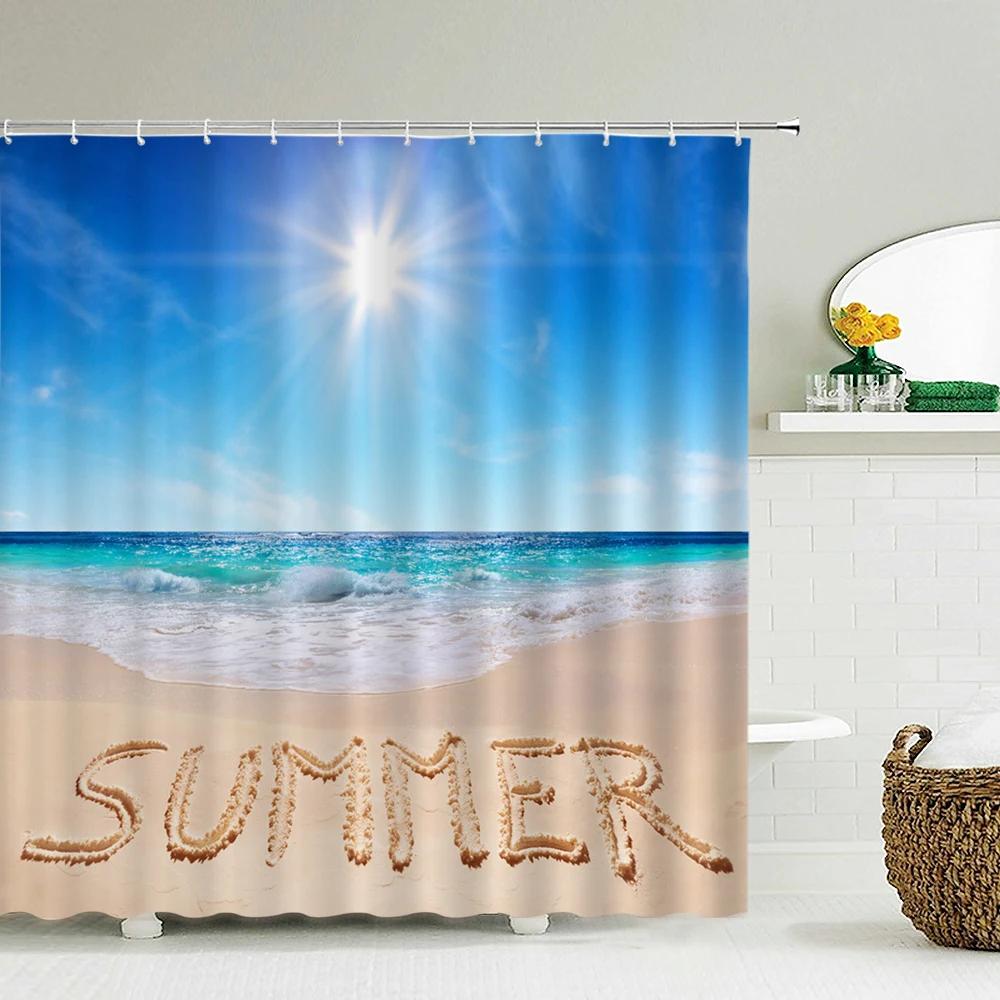 Coastal Scenery Shower Curtain with Hooks    Fresh Seaside Vibe Decor for Bathrooms, Reinforced Eyelets & Easy to Clean