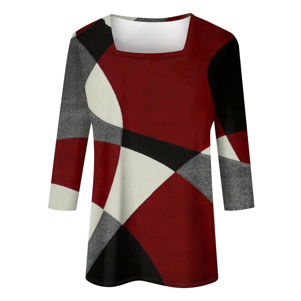Shirt For Women's Fashion Casual Square Neck 3/4 Sleeve Loose Printed T-Shirt Ladies Top