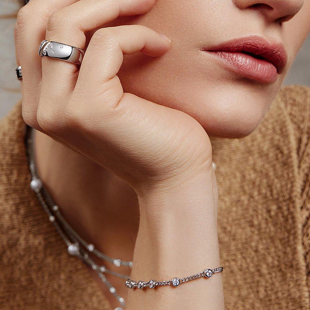 Silver Multi-Station Round Stone Chain 925 Silver Bracelet B066-05H