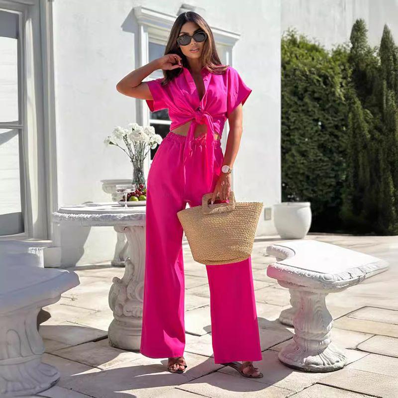 

Solid Color Collar Top and Pants Set Solid Color Polo Collar Top and Trousers Suit 109222 Rose Red M