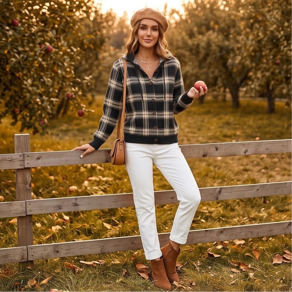 Women's Casual Loose Fit Plaid Hooded Long Sleeve Cardigan Sweater for Fall and Winter