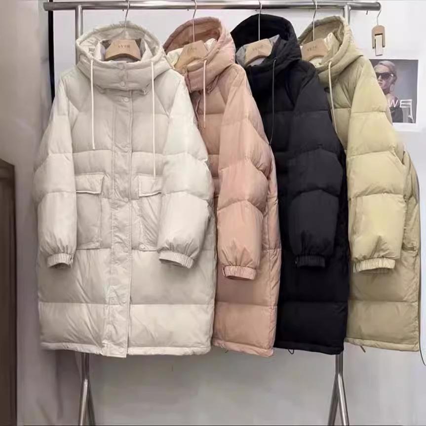 Women's Mid-Length Hooded White Duck Down Jacket - 2024 Winter Collection, Plus Size Available