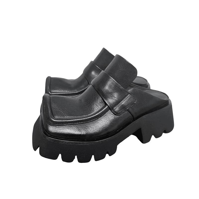 Johnature Retro Genuine Leather Square Toe Thick Soled Outdoor Slippers Thick Heel Women's Slip-on Shoes