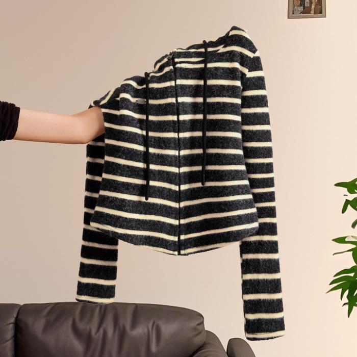 

Korean Striped Hooded Zipper Cardigan - Women s Autumn Slim Fit Long Sleeve Sweatshirt Medium