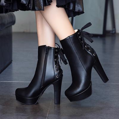 Fashion New 2019 Fashion Γυναικεία Μποτάκια Αστραγάλου Ψηλοτάκουνα Πλατφόρμα Μπότες Μοτοσικλέτας Μόδα με κορδόνια Λευκά μαύρα γυναικεία παπούτσια 569