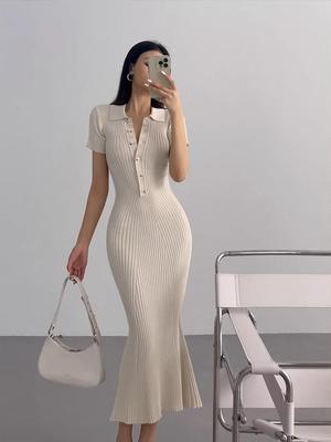 Royal Sister Fishtail Knitted Polo Dress - Slim Fit, Short-Sleeved, Ideal for Autumn/Summer