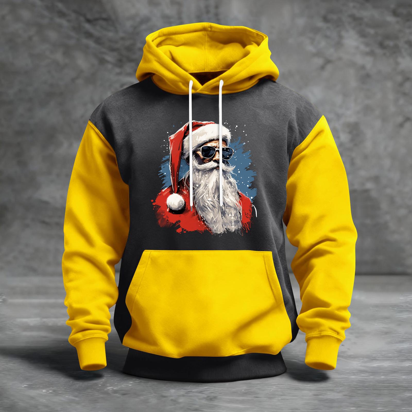 

Мужской рождественский свитшот с капюшоном, повседневный, спортивный, удобный, с цветными блоками и принтом M жёлтый