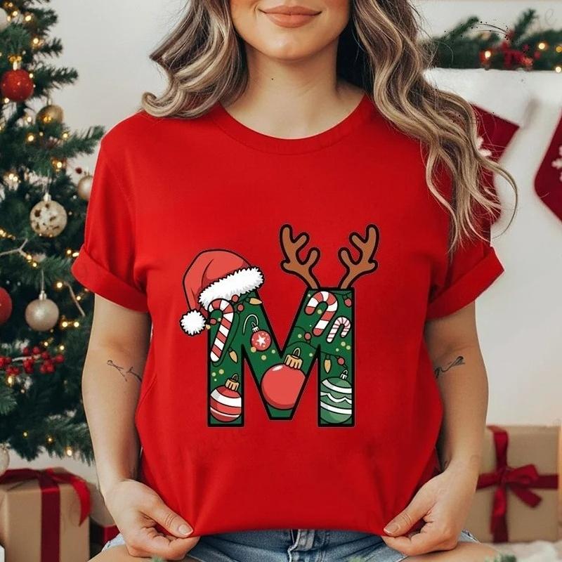 Festive Christmas Alphabet Letter Santa Hat Print Tshirt for Women Fashion T Shirt Streetwear Female Clothes Casual clothing