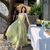 Strandurlaub Stil Nische Chic Batik Hosenträgerkleid Damen Sommer Grün Frisches Temperament Großer Schwing-Rock Langes Kleid