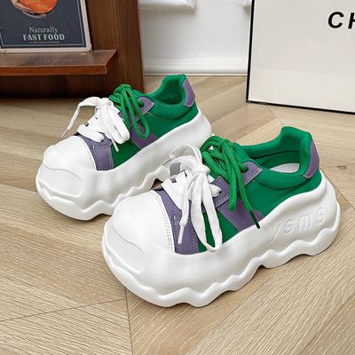 Real Leather Platform Big Head Shoes for Women's Lace-up Mixeds Colors Chunky Sneakers Casual 8.5CM Thick Board Walking Shoe