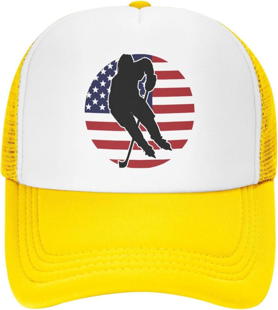 Hockey Player American Flag Graphic Trucker Hat Breathable Mesh Baseball Cap Adjustable Snapback for Adults