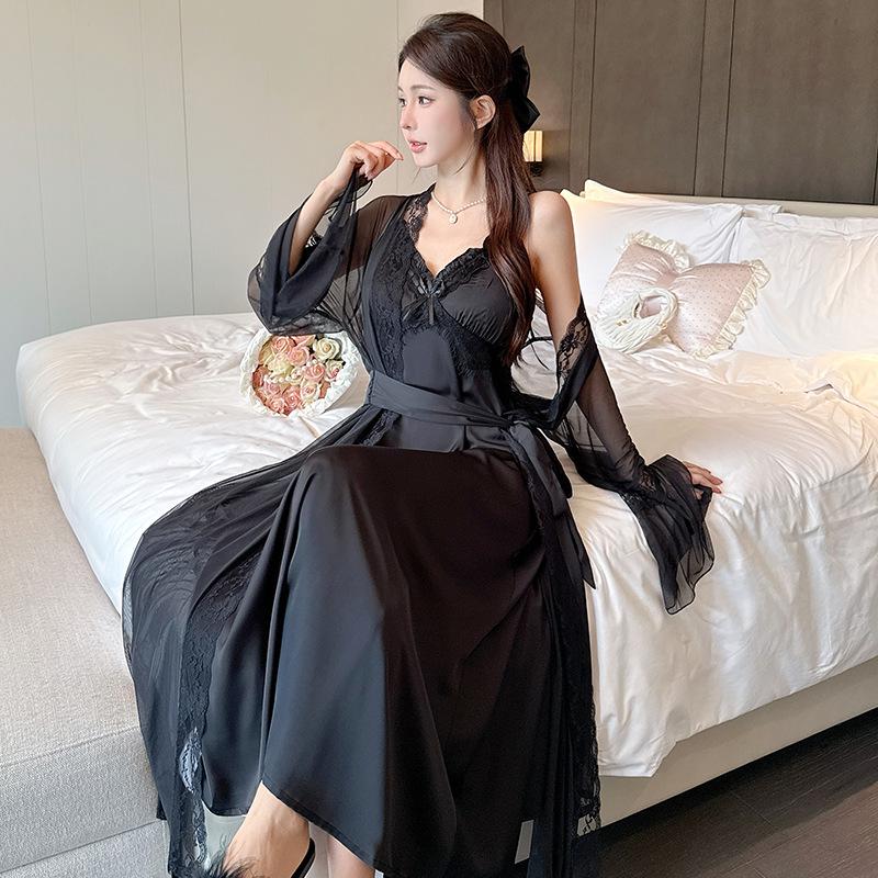 Spring & Autumn Women's Ice Silk Mesh Two-Piece Pajama Set - French-Style Sexy Nightdress