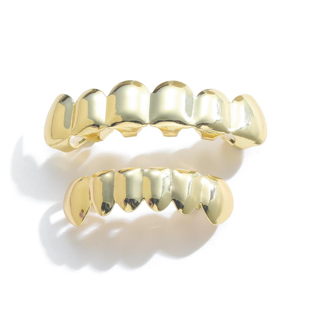 G001 Grillz de Hip Hop para Hombres y Mujeres Iced Out Latón Plateado/Dorado Brillante Juego Superior e Inferior Regalo
