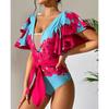 Ashgaily Ruffle One Piece Swimsuit Women Swimwear with Belt Push Up Monokini Swim Suit Print Bathing Suit Beachwear