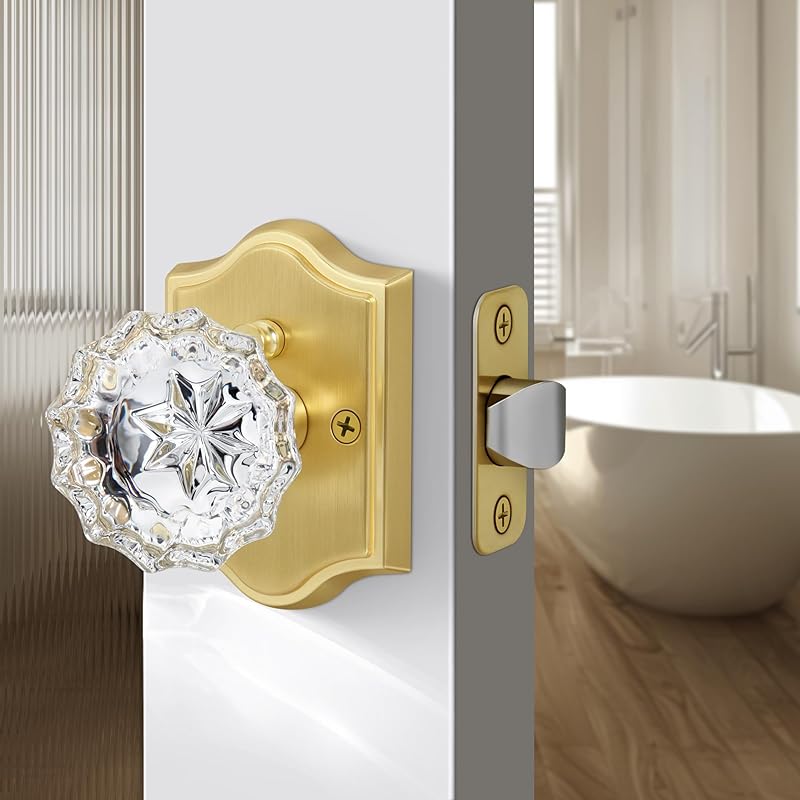 Privacy Crystal Door Knob, Gold Vintage Crystal Door Knob with Privacy Lock, Glass Doorknob Interior for Bathroom, Bedroom, Satin Brass