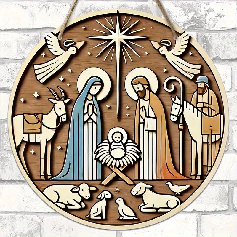 Krippe Holzweihnachtsschild - Navidad Rundes Schild für Haustür, Wandbehang-Dekor - Ideales Weihnachtsgeschenk