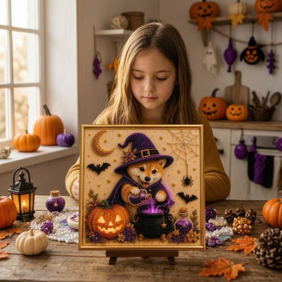 Seasonal Home Decor Projects Halloween Faux Pearl Painting Kit, Puppy Art DIY Witch Stress Relieving Hobbies Hat Bead Craft Kit for Adults And Teens,