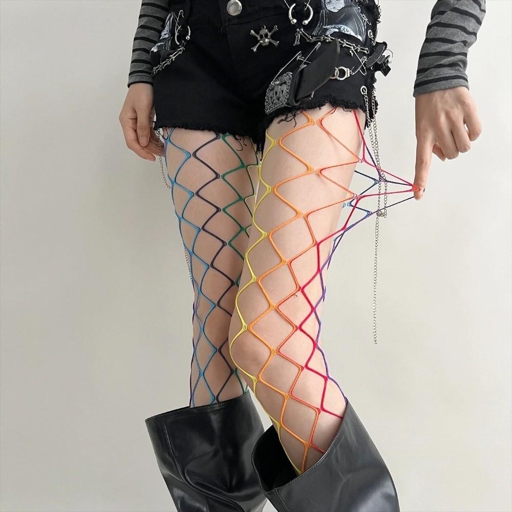 Y2K Rainbow Fishnet Stockings Large Mesh Sexy Mesh Stockings See-through Tights  Girls
