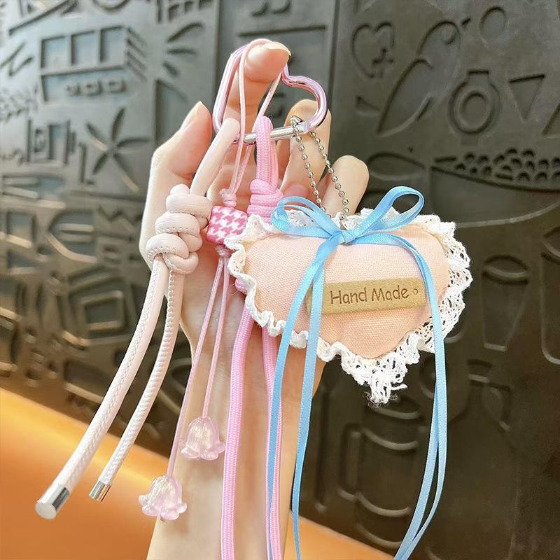 New sweet love lace plaid streamer keychain cute bow ribbon love bag pendant wholesale