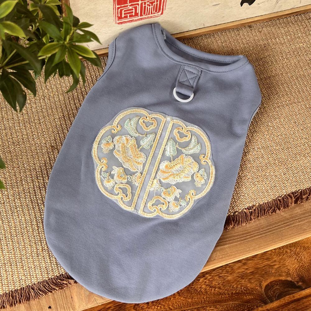

New Chinese style pet dog vest cat clothing supplies spring and summer teddy bear T-shirt French bucket cotton XL (bust 50cm)
