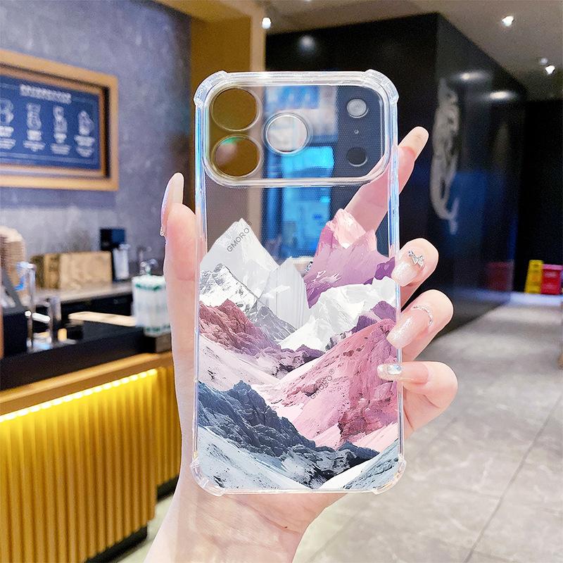 Processing and production of Nordic ins wind pink purple snow mountain four corners anti-drop mobile phone case iPhone15Pro transparent protective ca