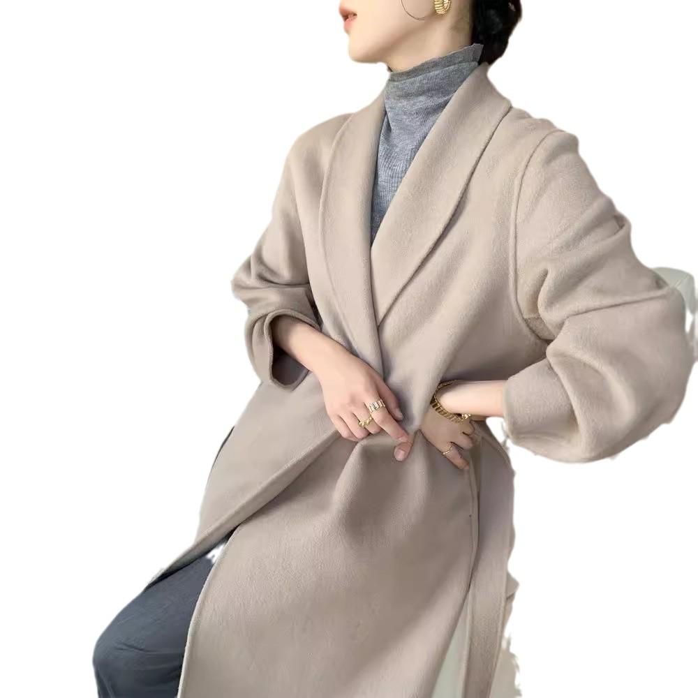 Women's Double-Faced Wool Overcoat with Tie Waist - Extra Long Lapel, Autumn/Winter.