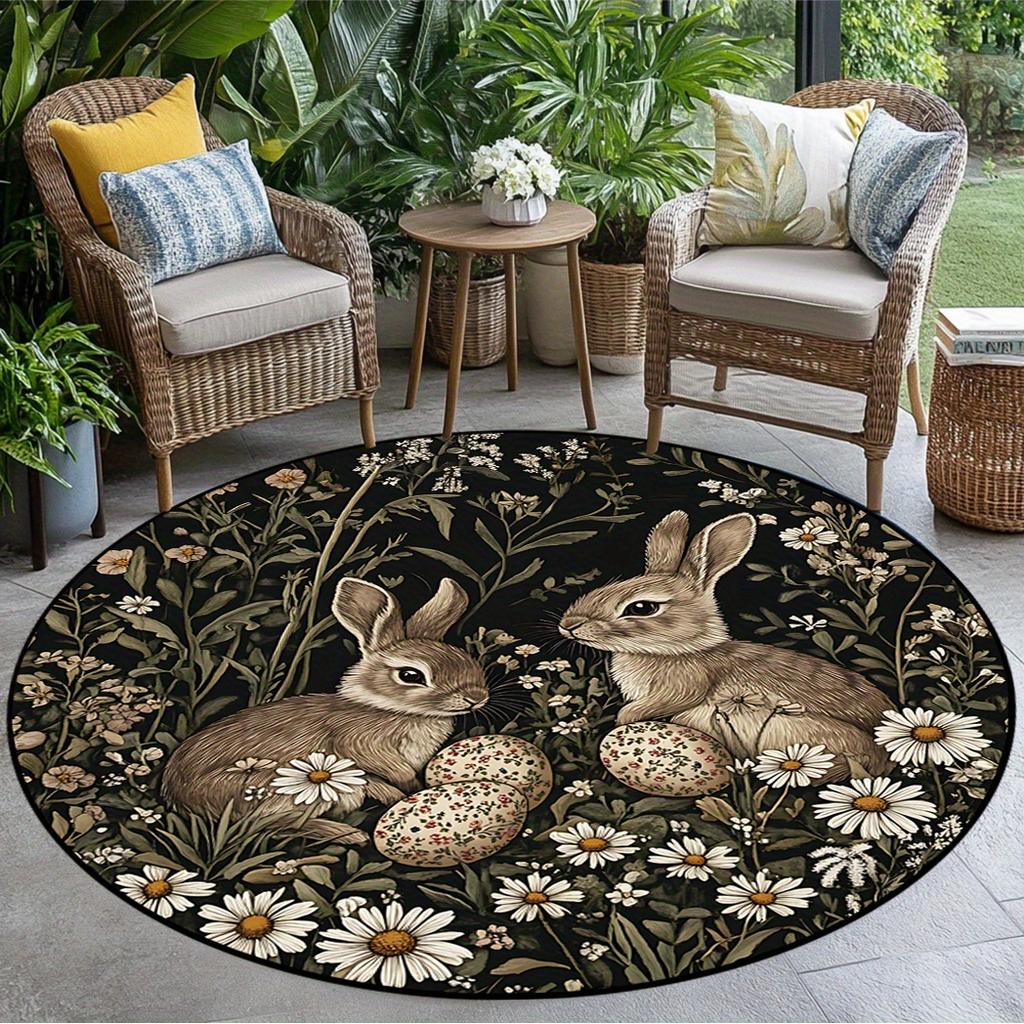 Easter Retro Floral Rabbit Pattern Round Area Rug Bedroom Living Room Garden Decor Living Room Carpet Decorative Floor Mat
