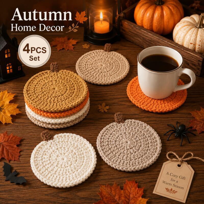 4PCS Crochet Pumpkin Coasters Halloween Fall Table Decor Knit Cup Mats for Coffee Mugs Cup Holders 5