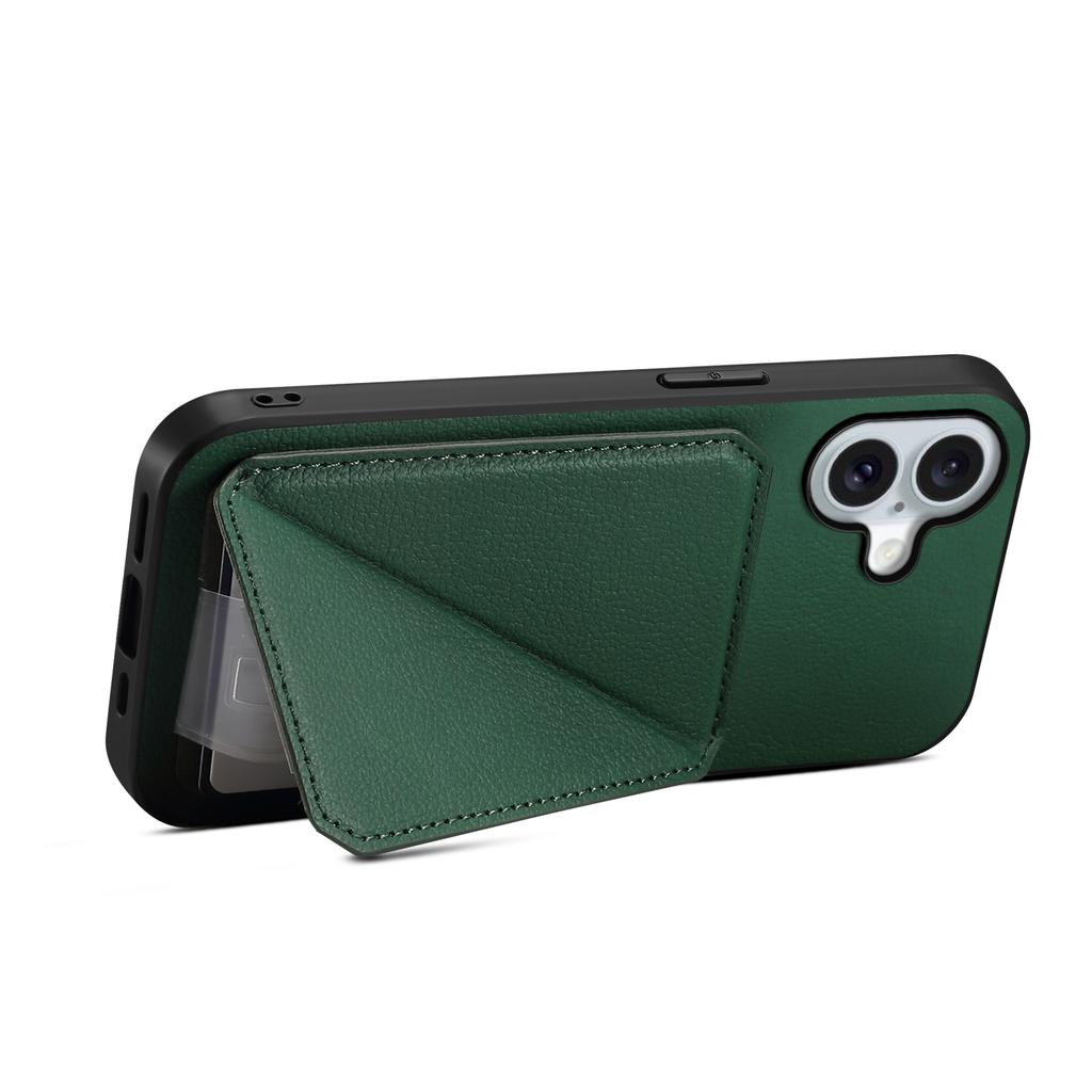 For iPhone 17 Case Card Holder Kickstand Calf Textured Leather + PC + TPU Phone Cover