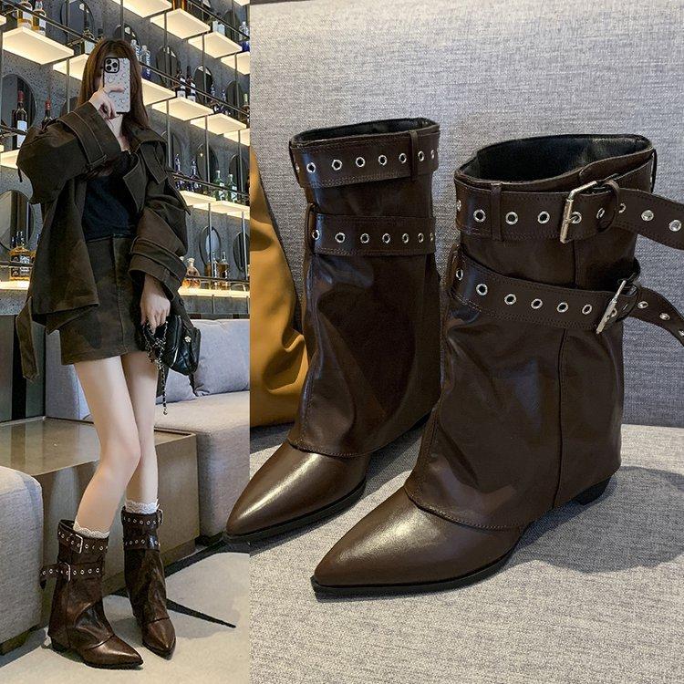 American Spice Girls~ 2025 Autumn and Winter New Belt Buckle Pants Boots Height Increasing Pointed Short Boots Women's Western Cowboy Boots