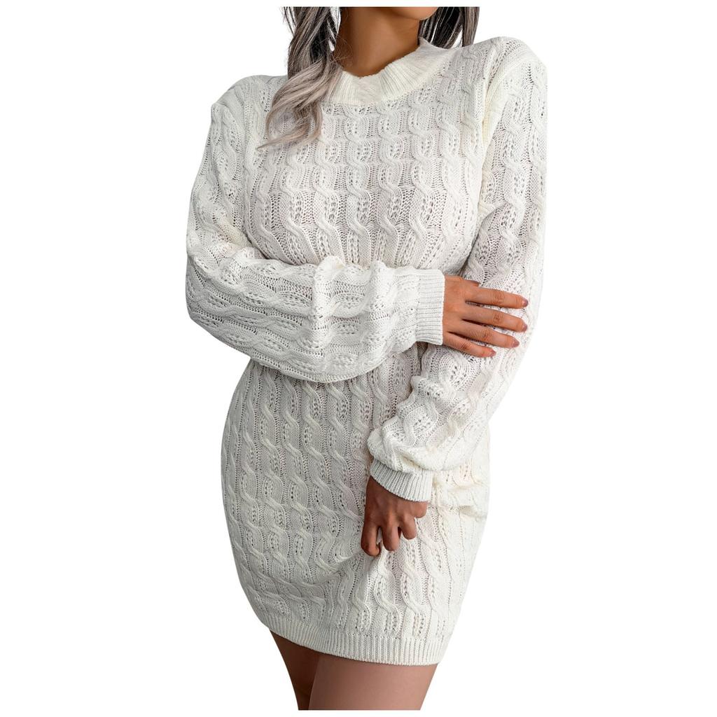 Women's  And Winter Casual Dress Round Neck High Waist Bag Hip Sweater Dress