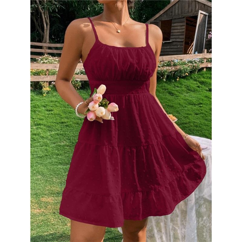 Women's Summer New Polka Dot Suspender Waist Dress Loose Simple Casual Solid Color Skirt