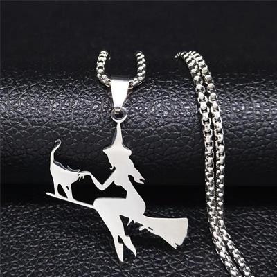 Magia pequena bruxa vassoura gato pingente colar encantos de natal presentes encantos de halloween aço inoxidável lua & magia bruxa colar