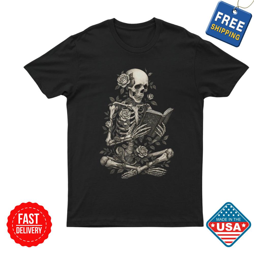 Skeleton Reading Flowers Creepy Halloween Unisex T-Shirt Inspired Halloween Tees Unisex T-Shirt S