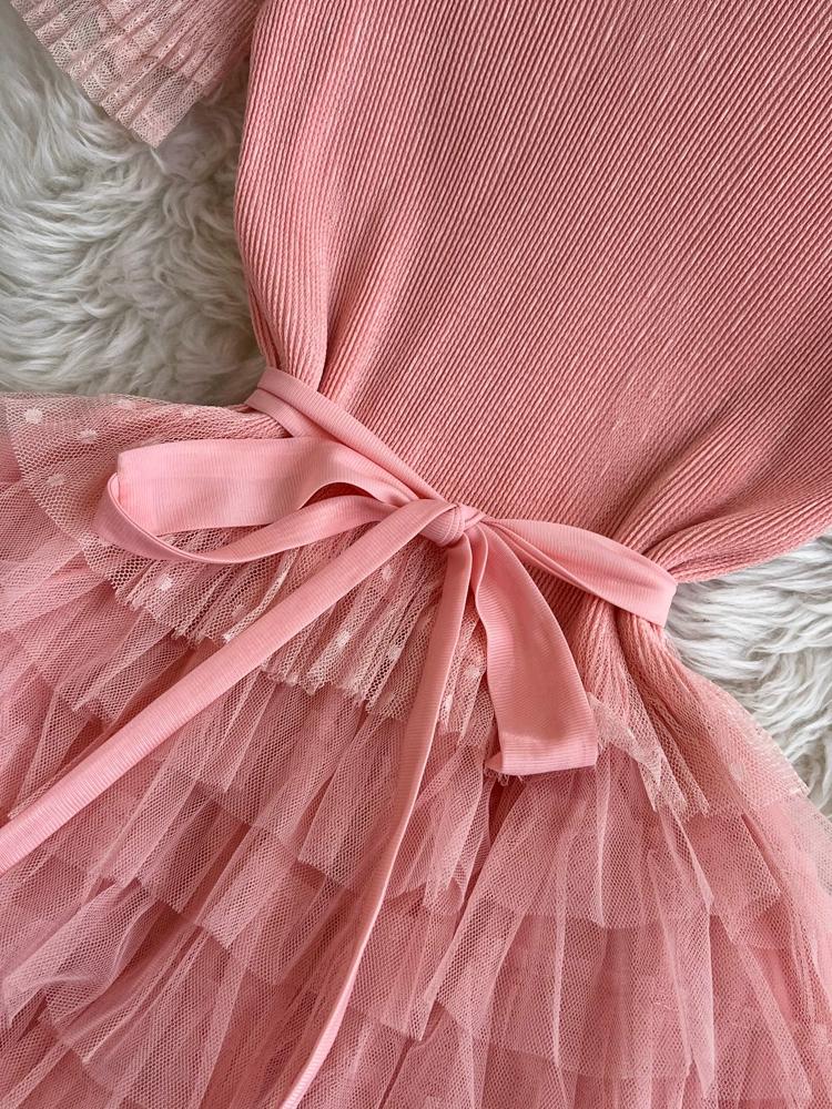 Summer Women Vintage Mesh Patchwork Cake Dresses Fashion Elastic Long Midi Party Dress