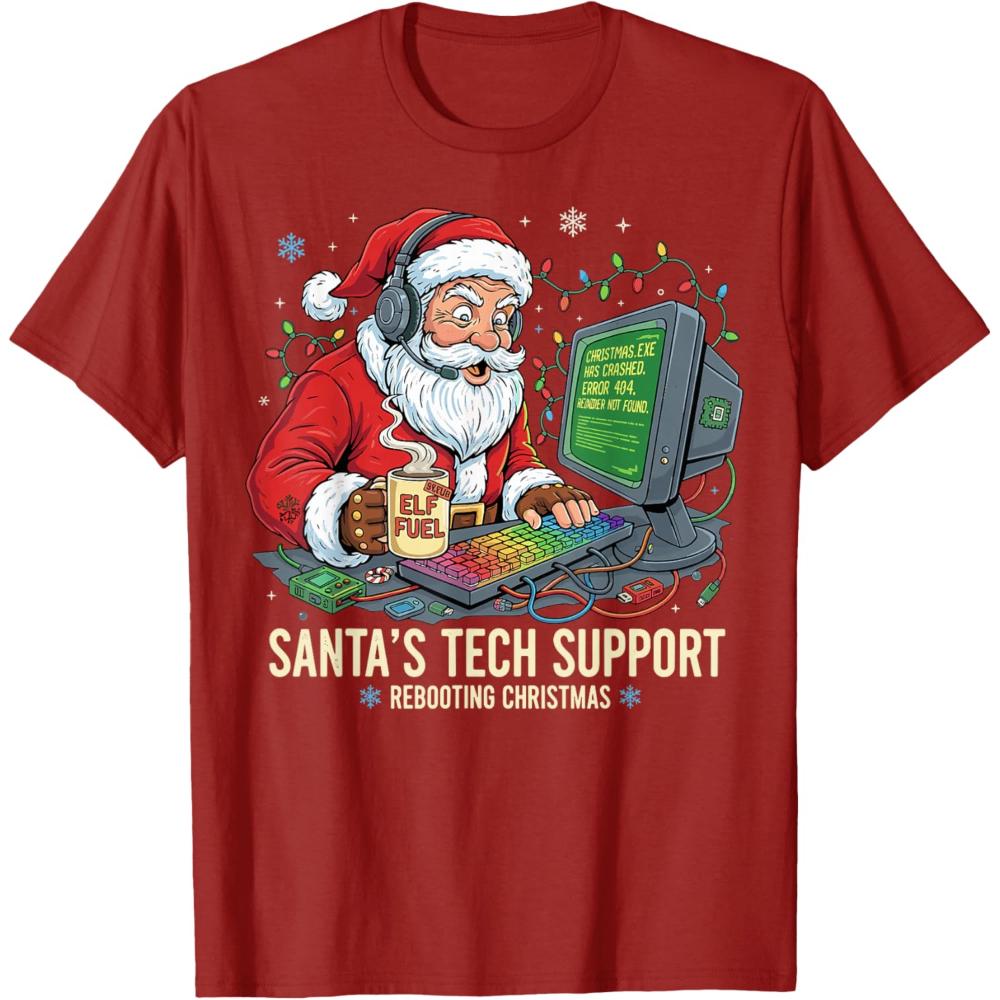 Santas Tech Support Rebooting Christmas Funny Santa Graphic T Shirts Women Unisex Vintage Festival Cotton T Shirt New Year Xmas S
