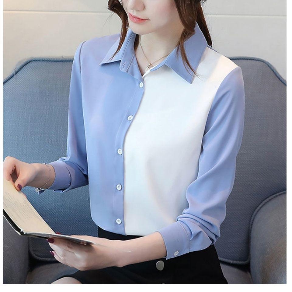 Women's Color Block Long Sleeve Chiffon Blouse - Korean Style, Spring/Autumn Versatile Loose Top