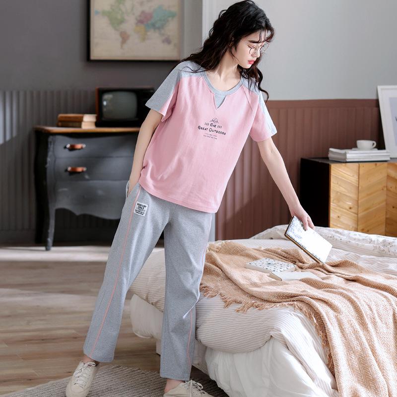2024 Women's Summer Pajama Set: Pure Cotton, Short Sleeve, Long Pants - Lightweight and Casual for Indoors or Outdoors
