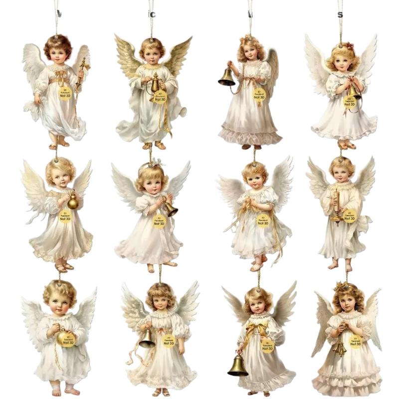 12pcs Vintage Christmas Angel Wooden Pendants, Artificial Wood Hanging Ornaments Perfect For Home & Outdoor Holiday Decor