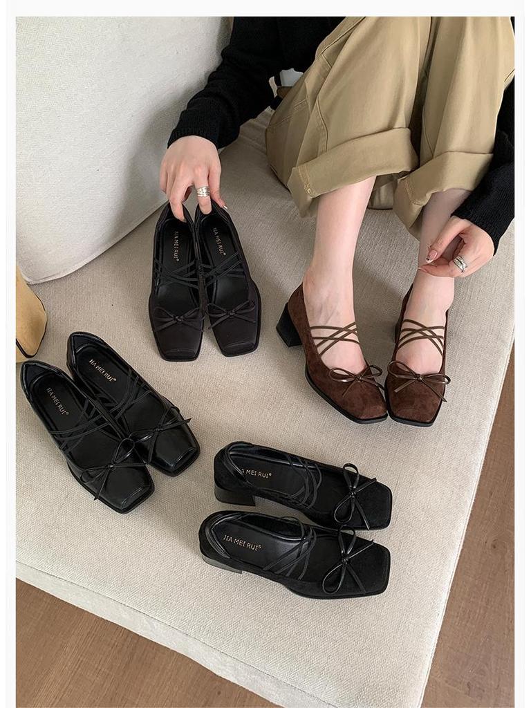 Women's 2025 Chunky Heel Mary Jane Shoes - French Square Toe, Pig Mouth Design, Spring/Autumn