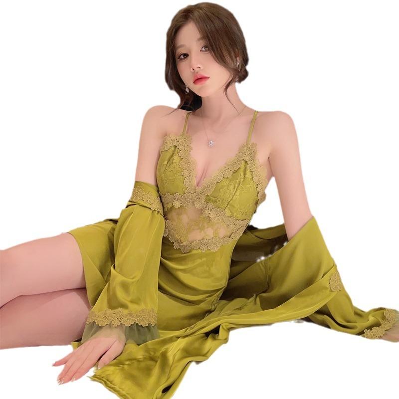 Sexy pajamas women's summer ice silk 1011 new model with chest pad lace suspender nightdress set nightgown two-piece set