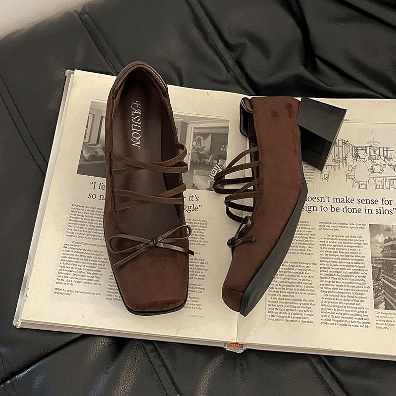 Bow Square Heel Women's Mary Jane Shoes Summer and Autumn French Dress Versatile Ballet High Heel Single Shoes Tide