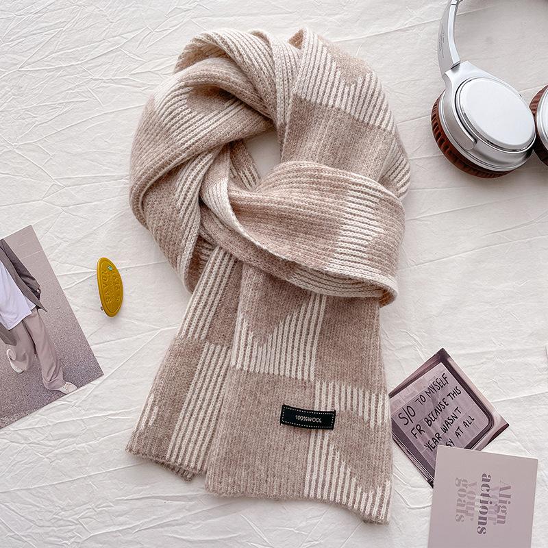 Pure Wool Small Scarf Women's Winter Thickened Love Knitted Plaid Warm Girl Style Scarf Birthday Gift