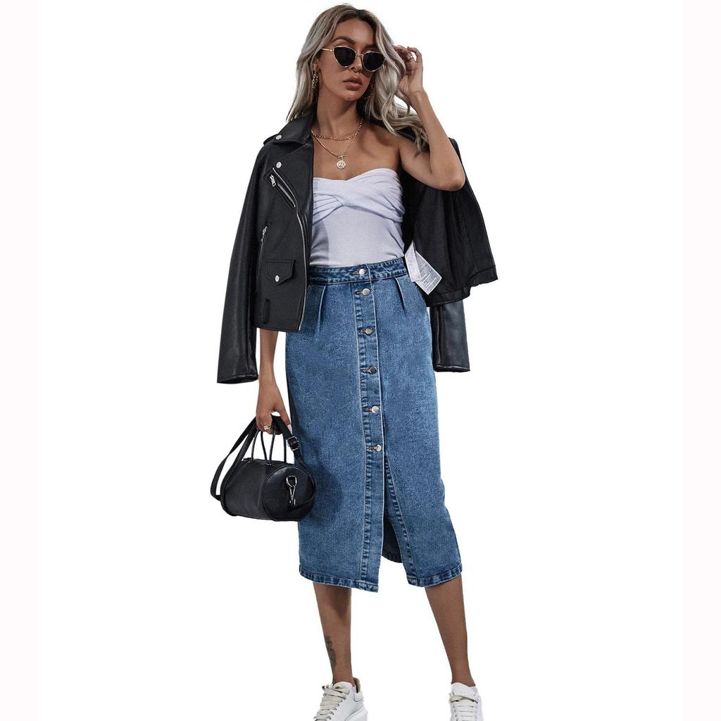Einreihiger knielanger Jeansrock für Damen, Streetwear, lässig, Tasche, hohe Taille, gerader Jeansrock