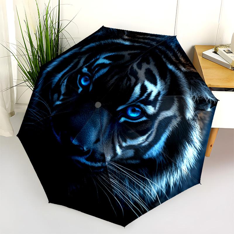 Ferocious Tiger Pattern, Automatic Folding Umbrella, Portable and Foldable Design, 8 Ribs, a Christmas or Birthday Gift.