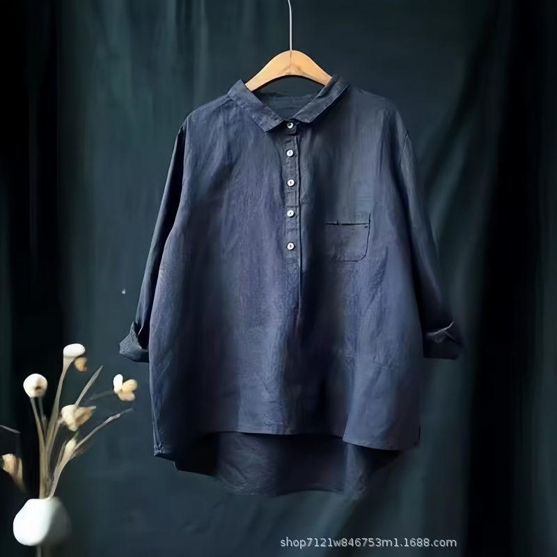 

Новое поступление Европейский ретро художественный гонконгский стиль больших размеров однотонный рубашка поло свободного кроя повседневная средней длины длинная длинный рукав для женщин Navy blue 3XL(Large size)