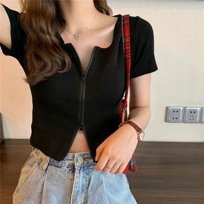 Knitted Short Sleeved Women's Summer White Double Zipper Thin Cardigan Slim Fit T-shirt Short Top